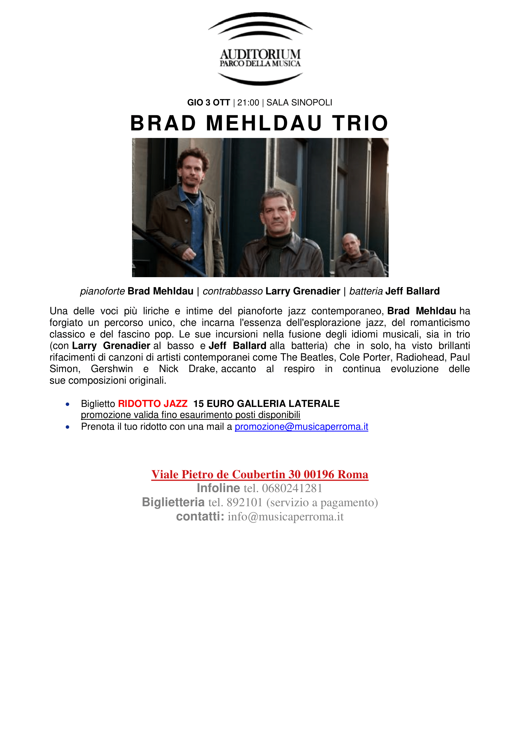 brad mehldau trio auditorium parco della musica
